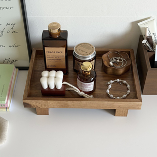 复古胡桃木高脚收纳盘木质长方形托盘ins风桌面化妆品杂物置物盘