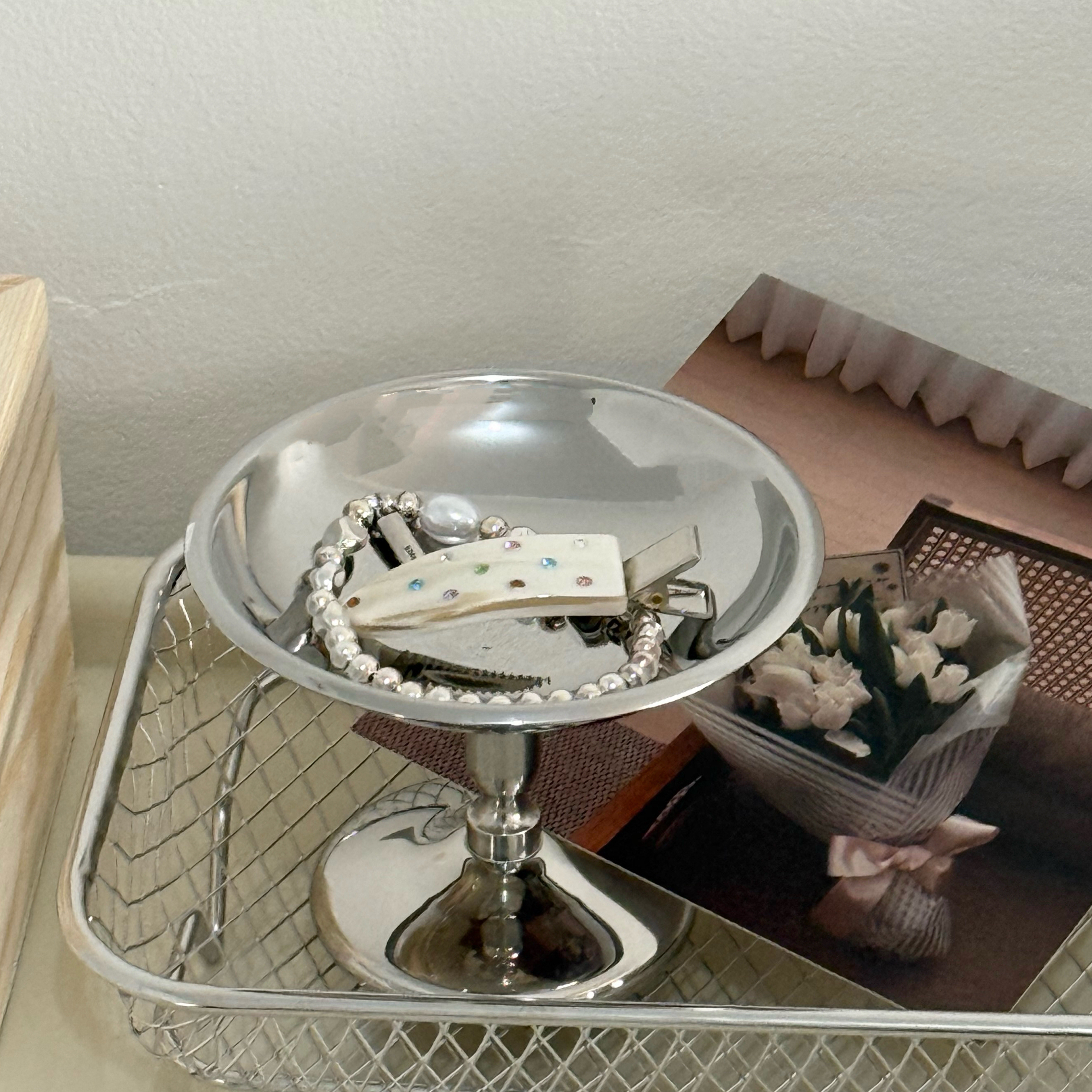 ins首饰收纳碟不锈钢桌面玄关高脚盘桌面梳妆台首饰钥匙收纳盘