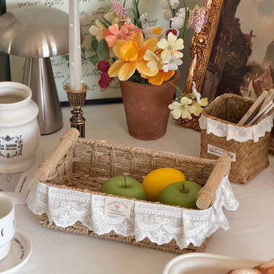 ins风法式蕾丝花边编织收纳筐零食玩具杂物田园风储物篮桌面收纳