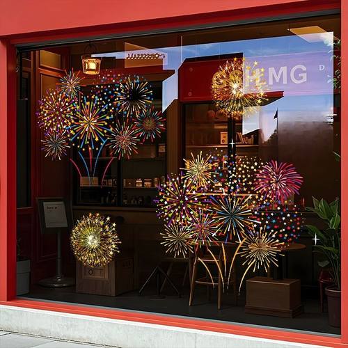 2026新年圣诞节卡通烟花装饰玻璃门贴纸店铺橱窗马年布置静电窗花