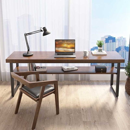 极速实木阳台长条桌窄工作台书桌靠墙吧台双层边T桌办公原木靠窗