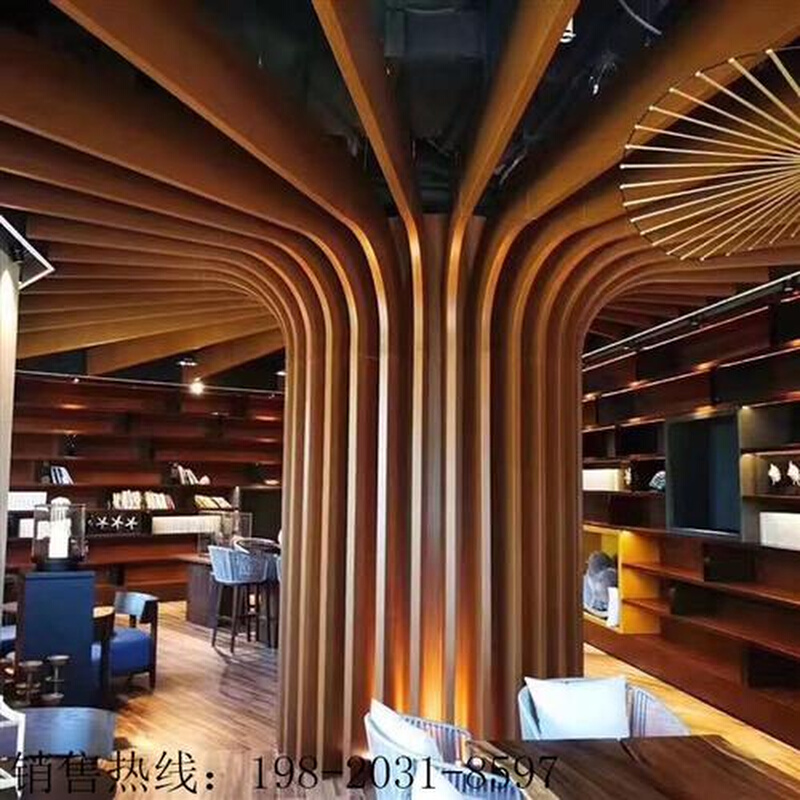 木纹铝方管白色炬形凹槽拉弯弧形波浪铝方通天花吊管W隔断型材树