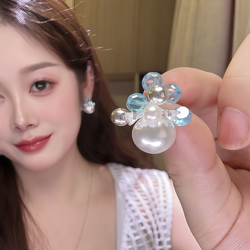 蓝色水晶珠子珍珠银针耳钉女