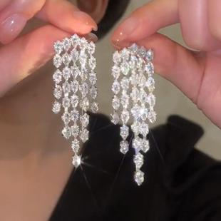 超闪锆石链条长款 气质银针耳钉 流苏耳环女欧美夸张重工艺耳坠时尚