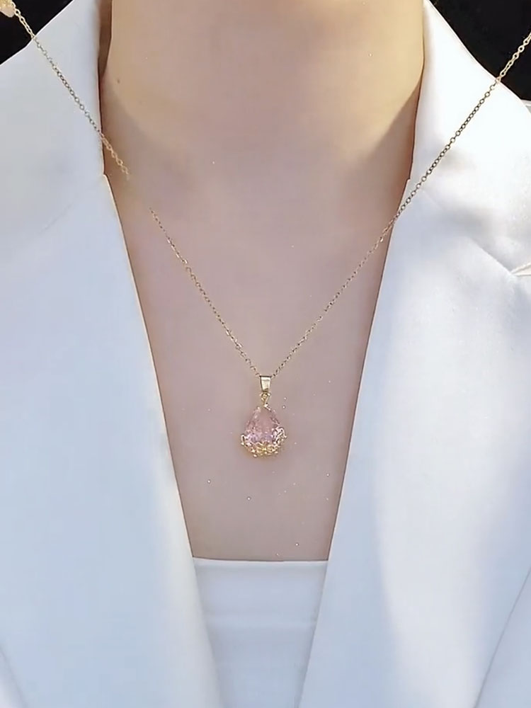 粉色水晶水滴吊坠项链女