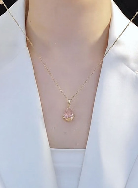 粉色水晶水滴吊坠项链女