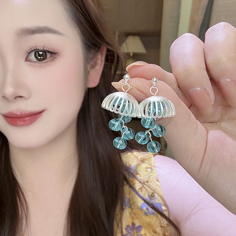 蓝色珠子流苏银针耳钉女