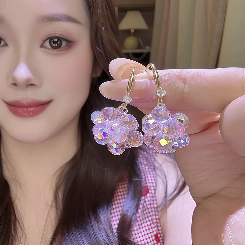 粉色水晶球花团吊坠耳环女