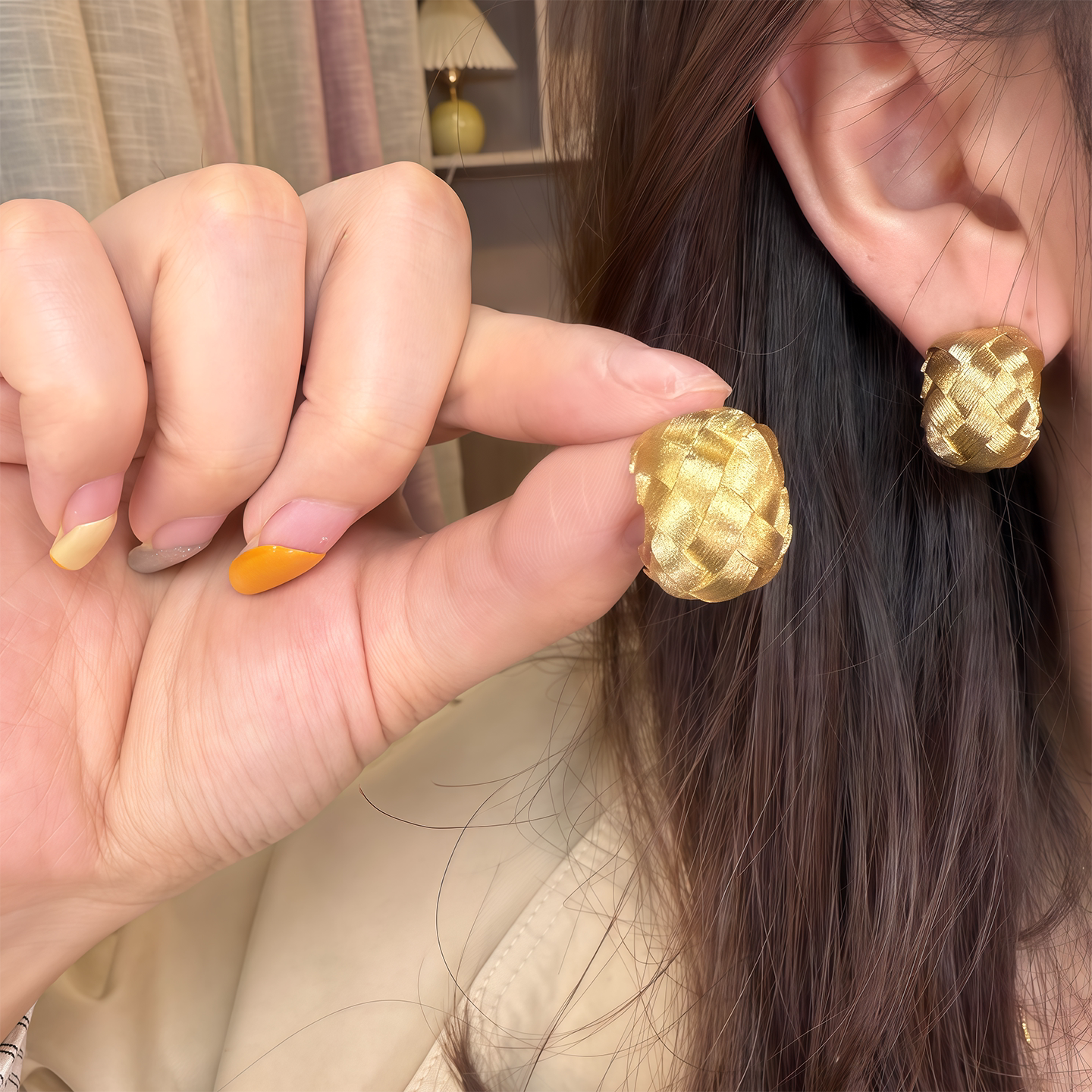 金属风编织豆豆耳钉女