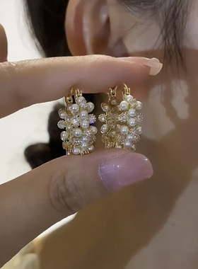金色米珠锆石小圈耳扣