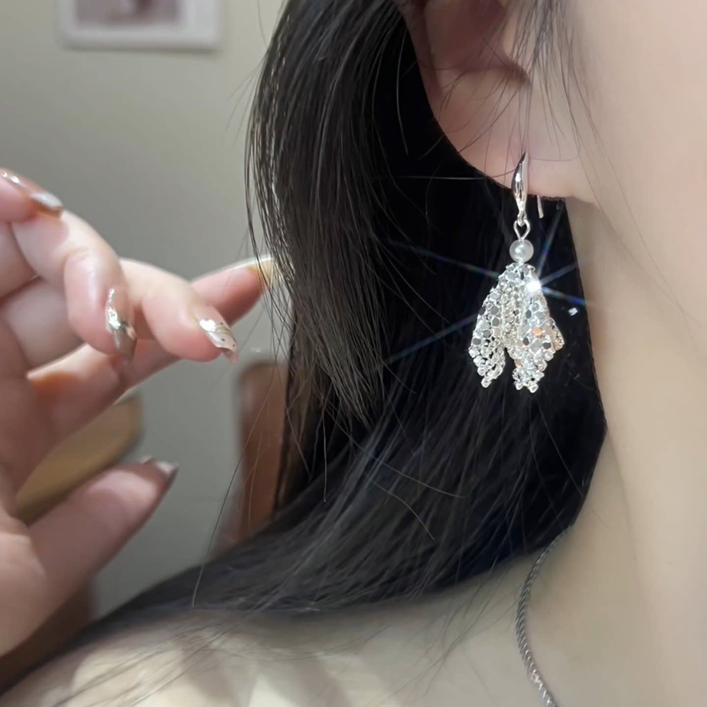 超仙银色小裙子流苏耳环