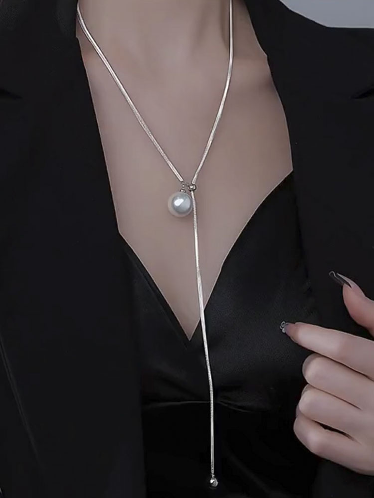 银色长款抽拉珍珠毛衣链女