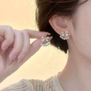 金色镶钻蝴蝶结珍珠耳钉女2025年新款潮气质设计感两戴款耳环耳饰