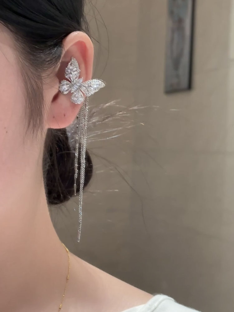 无耳洞水晶蝴蝶长款流苏耳夹女