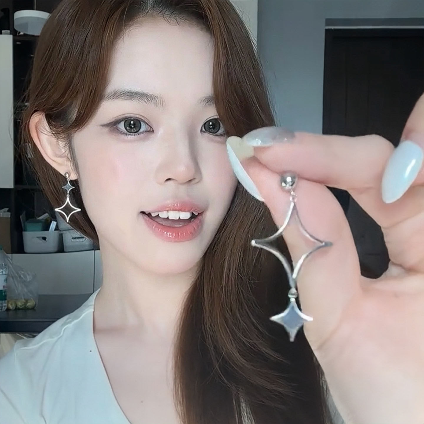 银色几何菱形吊坠耳钉女