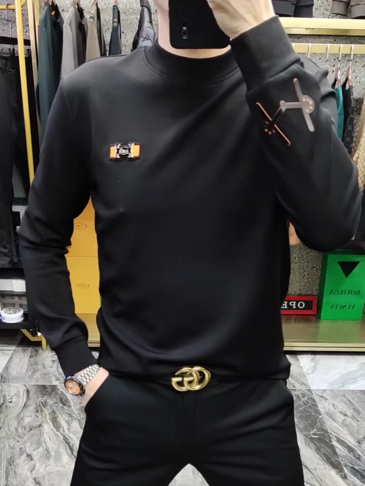 2025男士春季新品欧货时尚小衫修身百搭弹力黑色打底衫潮流T恤衣