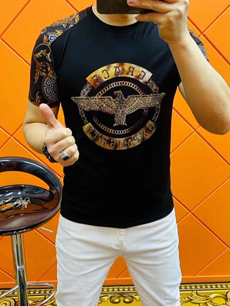 T655男士春季丝光棉圆领短袖精品高端欧货数码印花烫金烫钻T恤