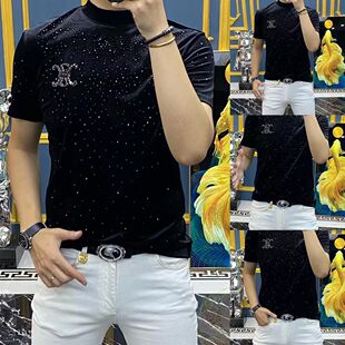 6316男士春季金丝绒烫钻寸领短袖T恤衫黑色保暖欧货小衫打底衫