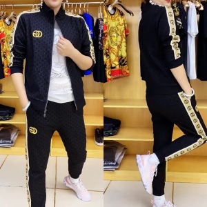 ZD-25秋季新款男士卫衣立领开衫休闲运动两件套时尚刺绣印花潮流
