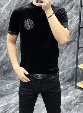 23208男士秋冬金丝绒烫钻短袖轻奢欧货弹力打底修身圆领半袖打底