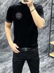 23208男士春季金丝绒烫钻短袖轻奢欧货弹力打底修身圆领半袖打底