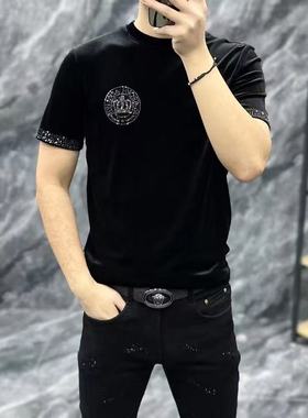 【现货】23208男士秋冬爆款金丝绒烫钻短袖保暖轻奢欧货打底半袖