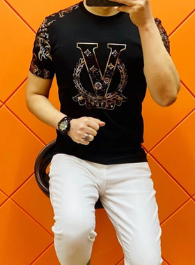 23006男士初秋烫钻短袖欧货时尚圆领短袖百搭帅气薄款修身黑半袖