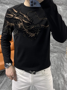 23161 男士春秋季欧货烫钻长袖小衫百搭修身弹力休闲T恤衫打底衫