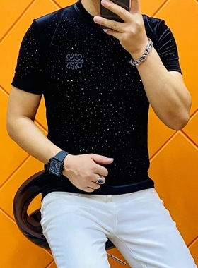 【现货】3890男士秋冬新品金丝绒烫钻圆领短袖精品欧货潮流小衫黑