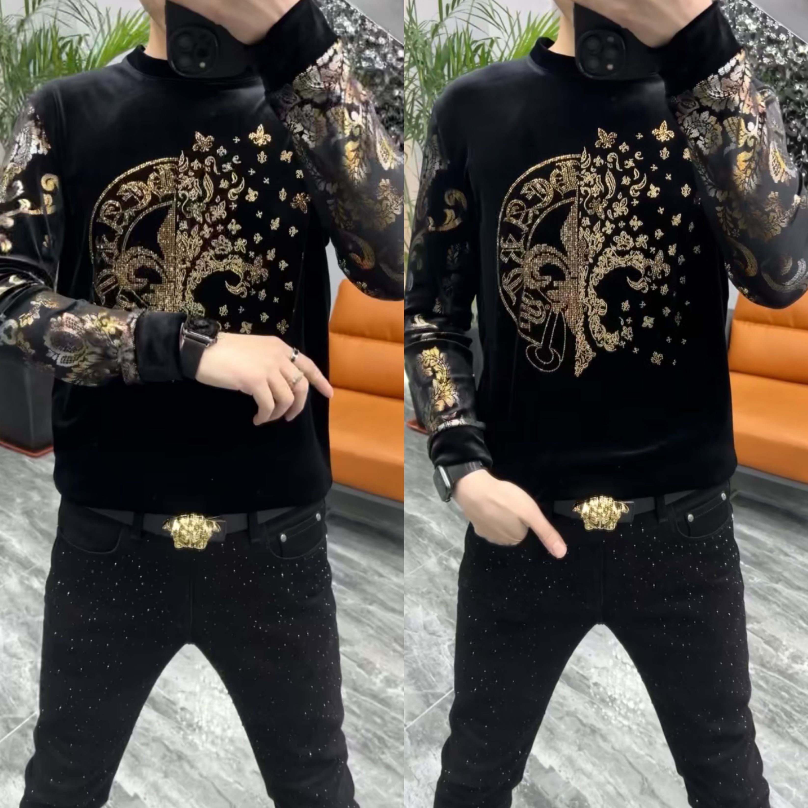 男士春季新品金丝绒烫钻圆领小衫欧货长袖T恤衫黑色打底衫