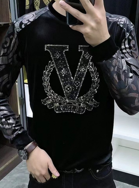 6229男士秋冬金丝绒烫钻烫金小衫圆领黑色长袖T恤衫潮流欧货男衣