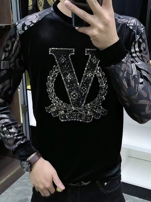 男士春季金丝绒烫钻烫金小衫