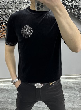 【现货】23208男士春季短袖新品T恤百搭高品质时尚休闲金丝绒烫钻