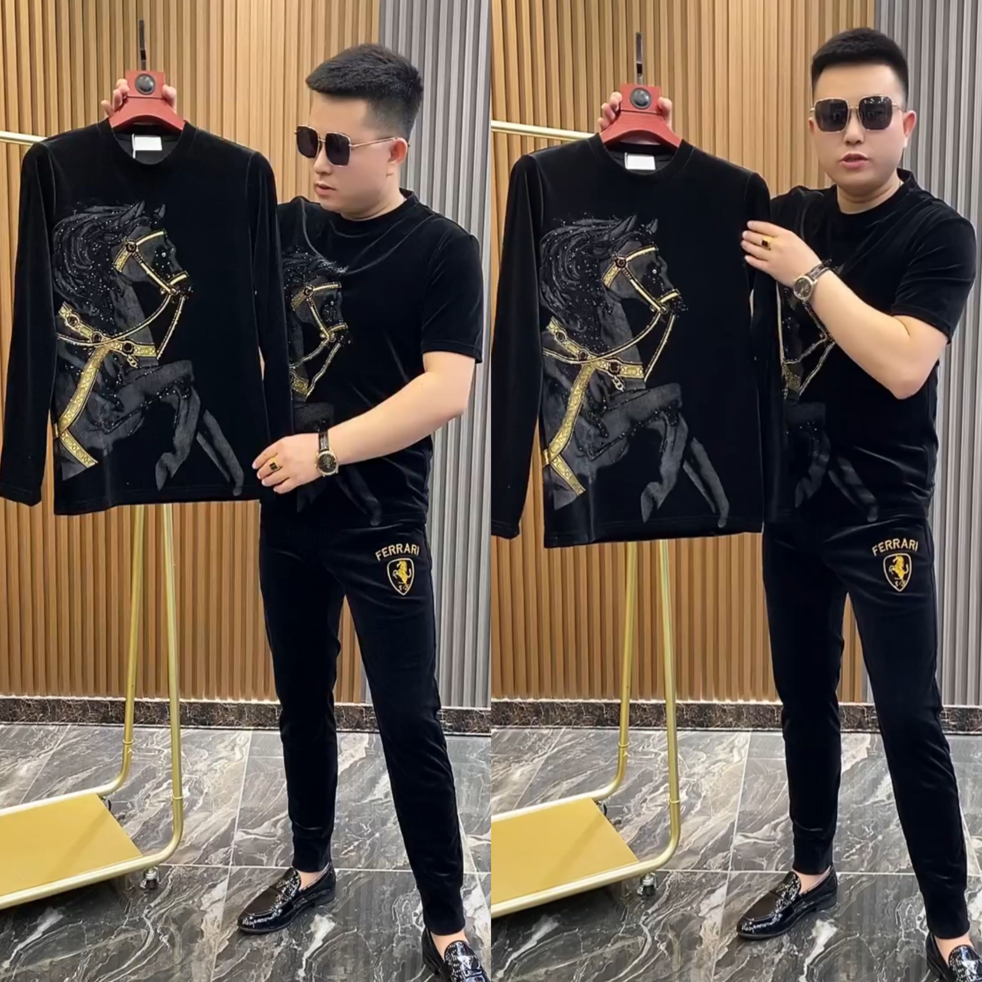 男士秋季金丝绒烫钻长袖小衫