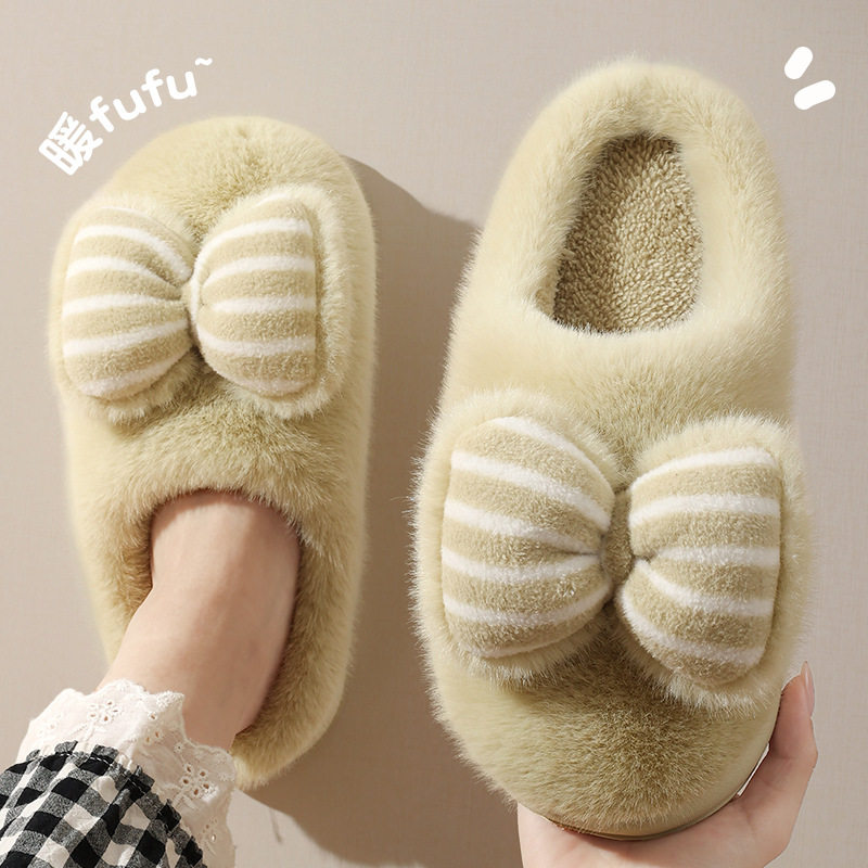 毛毛棉拖鞋女款秋冬季室内家居厚底防滑保暖加绒蝴蝶结棉拖鞋外穿