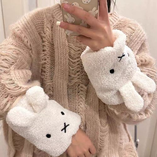 秋冬新款毛绒米菲兔卷毛绒袖套女白色羽绒服护袖学生保暖套袖装饰