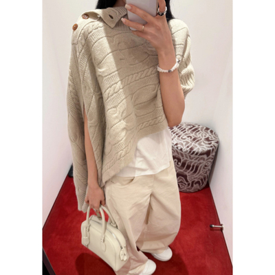 韩系早秋氛围感穿搭高领斗篷披肩毛衣女秋冬宽松慵懒风针织衫上衣