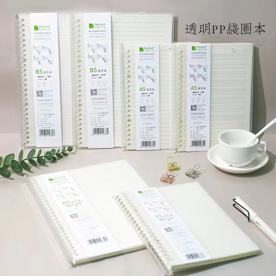 玛丽pp活页本磨砂封面透明抽拉杆线圈活页静音英语记事本网格