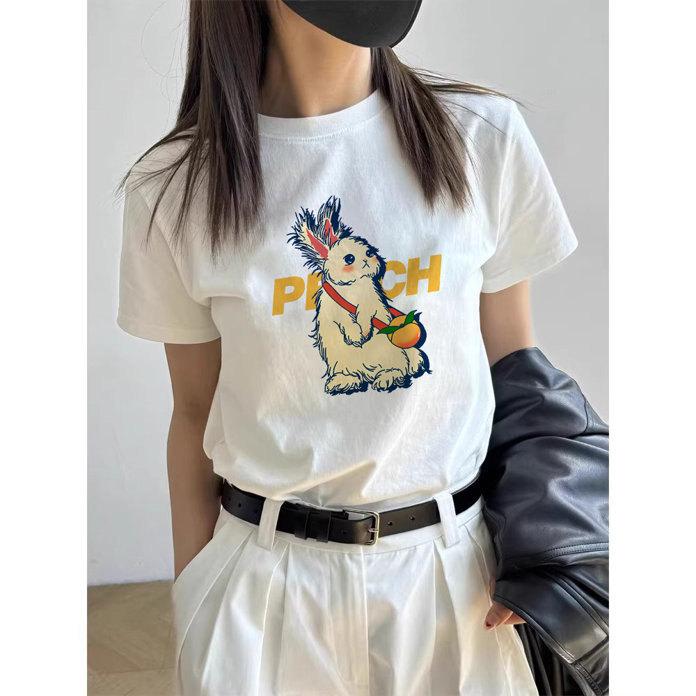 夏季新款卡通兔子印花宽松短袖T恤女百搭设计感纯棉半袖上衣时尚