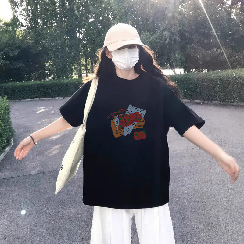 夏季新款宽松柿柿如意印花短袖纯棉黑色T恤女大码显瘦百搭上衣ins