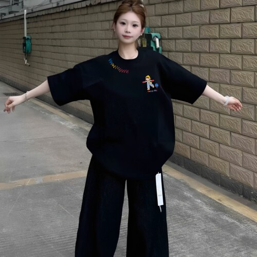 夏季新款卡通印花宽松半袖黑色纯棉短袖T恤女显瘦百搭上衣小众ins