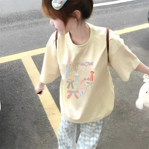 夏季新款宽松美式复古彩色蝴蝶印花纯棉短袖T恤女百搭上衣小众ins
