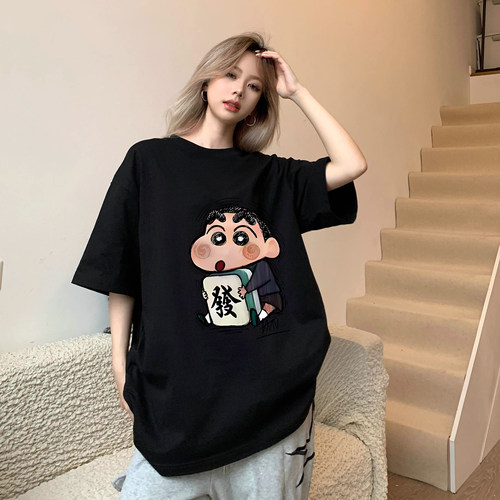 美式潮流夏季新款发财小新印花宽松纯棉短袖T恤女黑色半袖上衣潮
