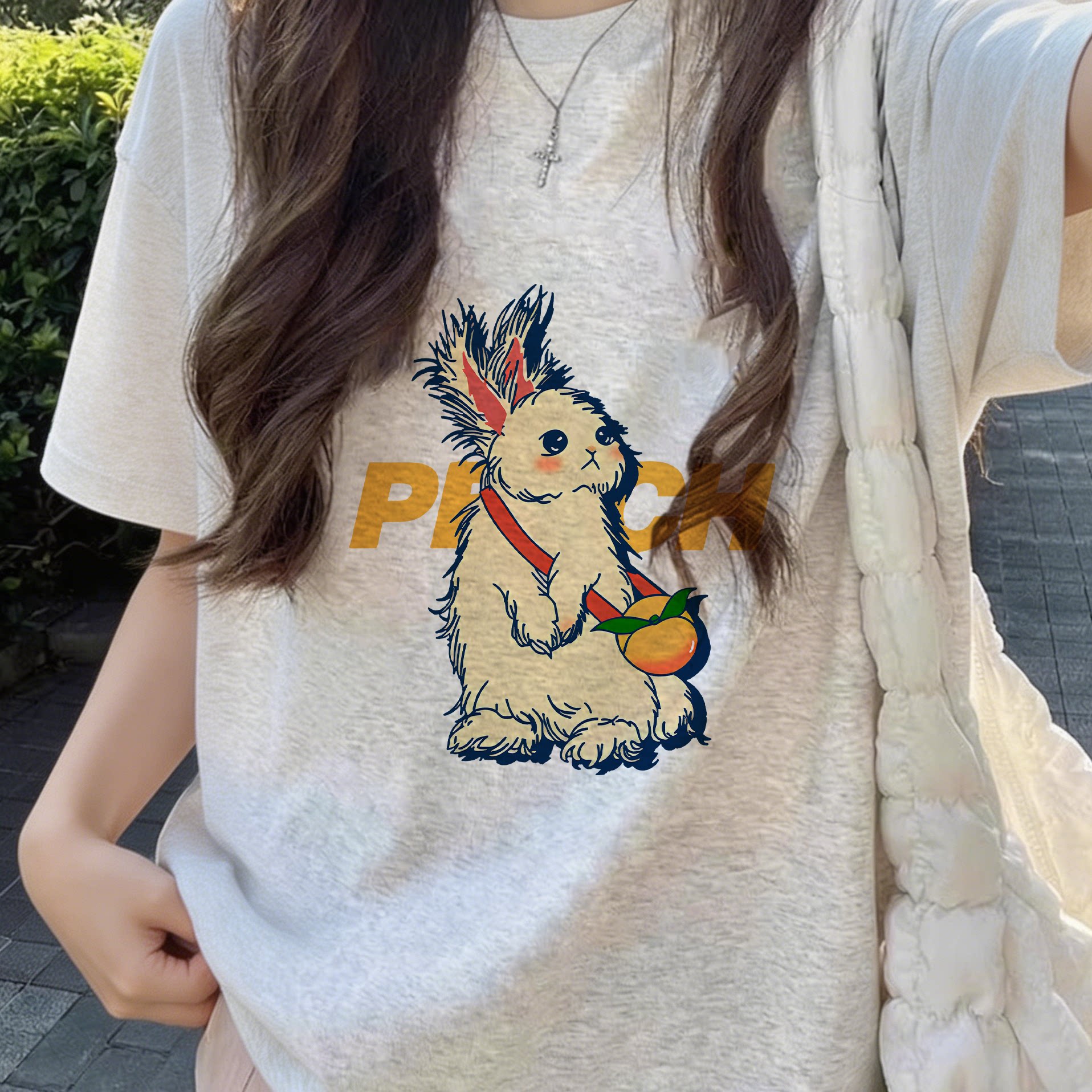 夏季新款兔子印花宽松纯棉短袖T恤女设计感小众百搭上衣半袖韩版
