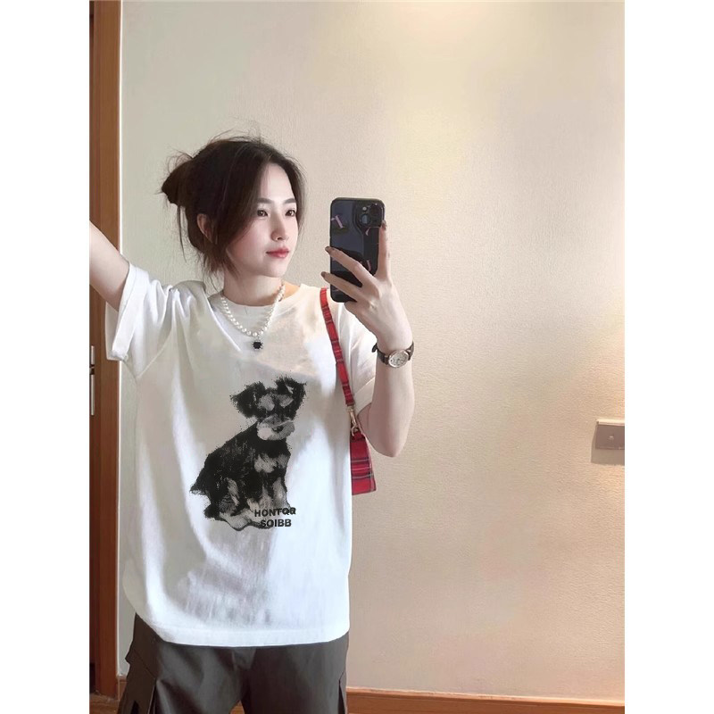 夏季新款小狗印花宽松纯棉短袖白色T恤女士圆领半袖百搭小众ins风