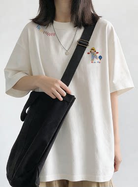 夏季新款宽松玩偶印花短袖白色纯棉T恤女百搭设计感上衣潮流小众