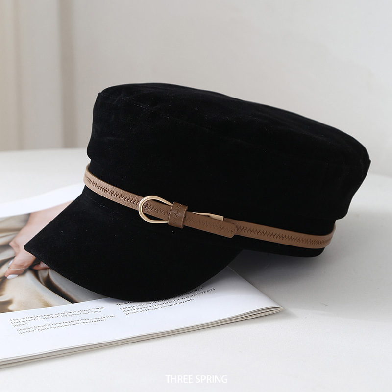 帽子女款2025年秋冬新款英伦风皮带扣丝绒马术帽大头围平顶报童帽