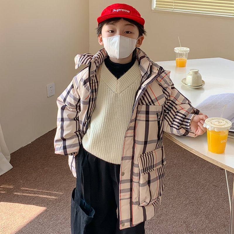 新款儿童羽绒服男女童宝宝冬季加厚连帽时尚中长款格子白鸭绒外套