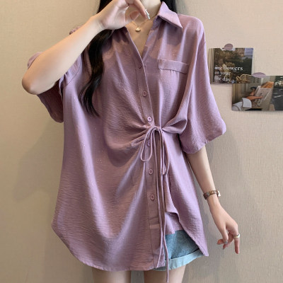 大码女装遮肚子正肩POLO领打底衫女夏季胖妹妹宽松显瘦不规则上衣