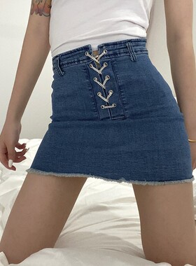 Denim skirt chain strap high waist bag hip frayed skirt裙子